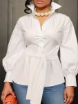 Plus Size Solid Collared Shirt Casual Long Sleeve Button Front Shirt Women's Plus Sizeclothing