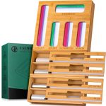 Calmbee Storage Bag Organizer And Wrap Dispenser With Cutter 9 In 1 Bamboo Foil And Plastic Wrap Organizer For Kitchen Drawer Pl