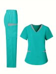 Color Block Scrub Set Functional Patched Pockets V Neck Short Sleeve Scrub Top & Elastic Waist Pants Outfits Women's Clothing