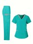 Color Block Scrub Set Functional Patched Pockets V Neck Short Sleeve Scrub Top & Elastic Waist Pants Outfits Women's Clothing