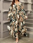 Plus Size Tropical Print Belted Dress Vacation Style Long Sleeve V Neck Longline Dress For Spring & Fall Women's Plus Size Cloth