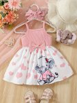 Baby's Cartoon Heart Pattern Cami Dress Set Lovely Bowknot Decor Sleeveless Dress & Headband Infant & Toddler Girl's Clothing Fo