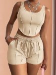 Solid Casual Two-piece Set Crew Neck Corset Tank Top & Drawstring Elastic Waist Shorts Outfits Women's Sports Clothing