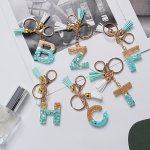 A-z Green Letter Key Chain For Women Cute Green White Tassel Pendant Resin Letter Pendant Key Ring Purse Hanging Bag Charm Lette