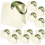 Gilprop 12 Pcs White MINI Paper Gift Bags With Green Ribbon Handle Bulk Thick Texture Wedding Goodie Bags Welcome Bag For Brides