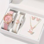 Elegant 6PCS Pink Quartz Women's Watch & Butterfly Jewelry Set - Perfect For Valentine's Easter Birthdays & Gifts