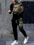 2-PIECE Men's Novelty 3D Leopard Pattern Print Casual Outfit Set Long Sleeve Crew Neck T-Shirt & Waist Drawstring Sweatpants For