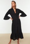 Ruffle Detail Kimono Kaftan - Black