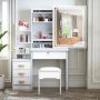 Makeup Vanity Desk With Mirror And Lights Vanity Table Set With Storage Drawer & Chair & 3 Shelves 3 Lighting Colors Adjustable Brightness White Ma