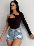 Asymmetrical Neck Slim T-Shirt Y2K Long Sleeve Top For Spring & Fall Women's Clothing
