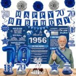Crenics Blue 70TH Birthday Decorations For Men Women - Back In 1956 Backdrop Banner Swirls Centerpieces Sash Paper Pom Poms Cake