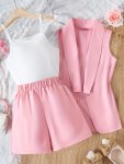 Tween Girls 3PCS Elegant Sleeveless Blazer + Cami Top + Shorts 3-PIECE Formal Casual Set