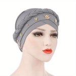 Chic Beaded Braided Turban Cap For Women - Stretchy Polyester No-feather Knit Design - Perfect For Spring & Autumn
