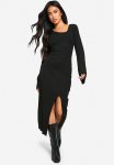 Wide Rib Asymmetric Neck Midaxi Dress - Black