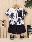 2PCS Baby's Vacation Style Coconut Tree Pattern Shirt & Casual Shorts Toddler & Infant Boy's Clothing Set For Spring Summer Holi