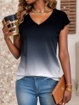Gradient Color V Neck T-Shirt Comfy Short Sleeve Casual Top For Summer & Spring Women's Clothing
