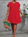Plus Size Solid Keyhole Knot Dress Elegant Petal Sleeve Loose Dress For Spring & Summer Women's Plus Size Clothing