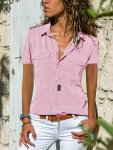 Solid Button Front Shirt Casual Turn Down Collar Short Sleeve Summer Shirt Women's Clothing