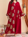 Floral Print Kaftan Dress Elegant V Neck Long Sleeve Maxi Dress Women's Clothing