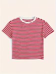 Striped Print Crew Neck T-Shirt Short Sleeve Casual Top For Summer & Spring Women's Clothing