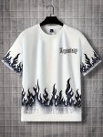 Fire Pattern And Legendary Letter Print Crew Neck And Short Sleeve T-Shirt Summer Leisure Tops For Men's Street And Casual Wear