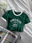 Letter Print Contrast Trim Crop T-Shirt Y2K Crew Neck Short Sleeve T-Shirt For Spring & Summer Women's Clothing