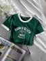 Letter Print Contrast Trim Crop T-Shirt Y2K Crew Neck Short Sleeve T-Shirt For Spring & Summer Women's Clothing