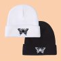 Butterfly Embroidery Beanies White & Black Couple Knit Hats Warm Skull Cap Lightweight Knitted Beanie Windproof Ski Hat For Women & Men