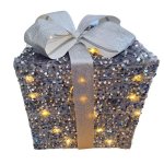 Gift Box With Bow And LED Lights Silver 32CM