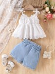 2PCS Baby's Trendy Eyelet Embroidery Cami Top + Denim Shorts Toddler & Infant Girl's Clothing Set