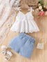 2pcs Baby's Trendy Eyelet Embroidery Cami Top + Denim Shorts Toddler & Infant Girl's Clothing Set