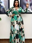 Plus Size Geo Print Dress Casual Long Sleeve V Neck Cinched Waist Maxi Dress For Spring & Fall Women's Plus Sizeclothing