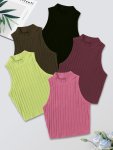 5PCS Solid Color Crew Neck Tank Top Casual Sleeveless Slim Fit Crop Top For Spring & Summer Women's Clothing