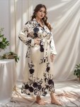 Women's Plus Elegant Lounge Robe Plus Size Satin Floral Print Long Sleeve Open Front Belted Nightgown For Fall