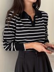 Striped Pattern Long Sleeve Sweater Casual Collared Pullover Knitted Sweater For Spring & Fall Women's Clothing