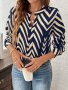 Chevron Pattern Notched Neck Blouse Casual Long Sleeve Blouse For Spring & Fall Women's Clothing