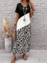 Leopard Print Color Block Dress Casual V-neck Short Sleeve Maxi Dress For Spring & Summer Women's Clothing