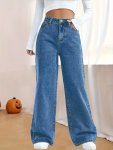 High-waisted Relaxed Fit Wide Leg Jeans For Women Cotton Polyester Viscose Blend Street Style Machine Washable Long Length Four-