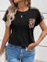 Contrast Leopard Crew Neck T-Shirt Short Sleeve Casual Top For Spring & Summer Women's Clothing