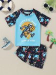 2PCS Cartoon Skeleton Surfing Pattern Swimsuit For Boys T-Shirt & Swim Trunks Set Stretchy Surfing Suit Boys Swimwear For Summer