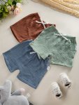 3-PACK Baby Boys' 100% Pure Cotton Muslin Shorts Soft & Comfortable Casual Infant Bottoms With Drawstring Closure - Assorted Col
