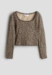 Picot-trimmed Ribbed Top - Beige Leopard-print