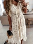 LaCie Lace Contrast Trim V-neck Cami Dress Vacation Style Sleeveless Flowy High Low Hem Dress For Spring & Summer Women's Clothi