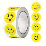 500-COUNT Roll Of 4 Assorted Cartoon Round Happy Face Expression Stickers 2.54 Cm Diameter Paper Self-adhesive Glitter Embellish