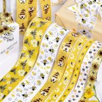 1 Roll 10Y R 3M Bee Grosgrain Ribbon Bee Day Decorative Ribbon Flower Honey Bee Striped Dot Yellow Ribbon For Gift Wrapping For