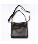 Genuine Leather Blanket Stitch Messenger Bag - Black Free