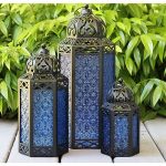 Vela Lanterns Set Of 3 Cobalt Blue Glass & Black Metal Moroccan Candle Lantern Holders XL Large Small - Decorative Indoor outdoo