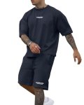 Ryehack Men's 2 Piece Outfits Short Sleeve Crew Neck Summer T Shirt And Drawstring Casual Track Shorts Sportswear Sets Navy Blue