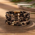 Multi Rows Bracelet Leopard Print Pu Leather Wrap Bangle With Magnetic Buckle Bohemian Stackable Wristband Jewelry Gift
