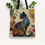Floral Cat Pattern Tote Bag Aesthetic Canvas School Shoulder Bag Lightweight Grocery Shopping Bag